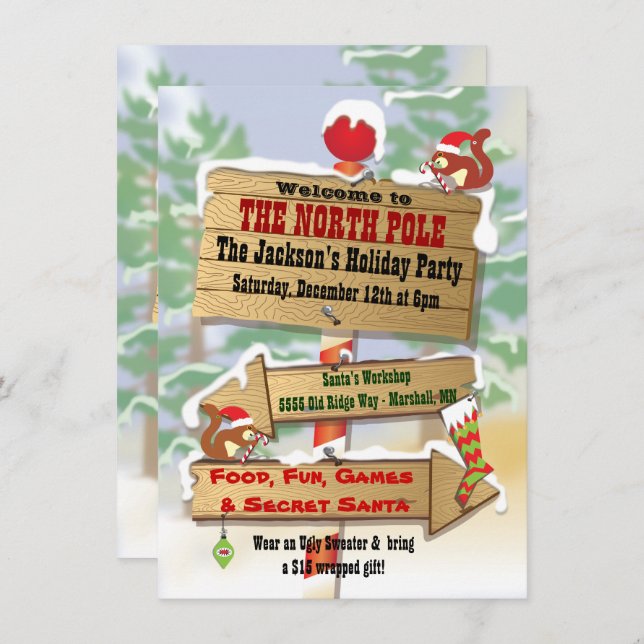 Convite Rustic Woodland North Pole assina Feriado (Frente/Verso)