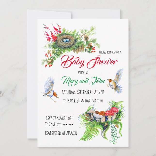 Convite Rustic Woodland Robin Birds com Nest Chá de fralda (Frente)