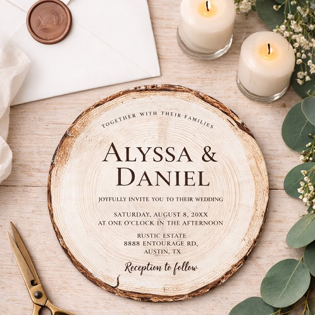 Convite Rustic Woodland Round Wood Slice forest wedding (Rustic and unique woodland round wedding invitation card.)