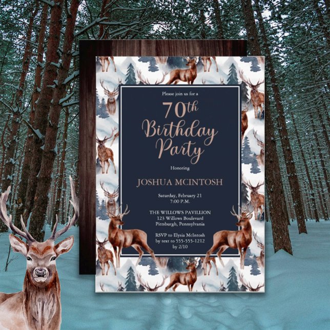 Convite Rustic Woodsy Deer | Festa de aniversário de 70 (Criador carregado)
