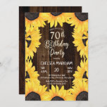 Convite Rustic Woodsy Wood| Sunflowers 70th Birthday Party<br><div class="desc">Rustic country chic dark stained faux wood design surrounded by beautiful,  sunny sunflowers "70th Birthday Party" design.  Composite design by Holiday Hearts Designs (rights reserved).</div>