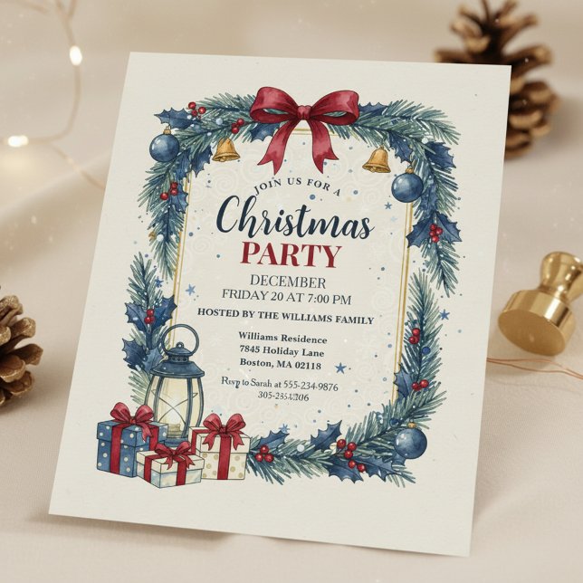 Convite Rustic Wreath Christmas Party Invitation Blue (Christmas Party Invitation)