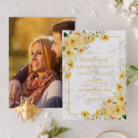 Rustic Yellow Floral Marble Script Photo Wedding