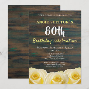 Convite Rustic Yellow Rose 80 Birthday Floral Party