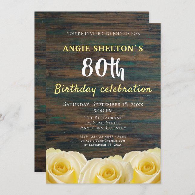 Convite Rustic Yellow Rose 80 Birthday Floral Party (Frente/Verso)