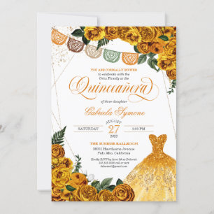Convite Rustic Yellow Rose Glitter Gown Fiesta Quinceañer