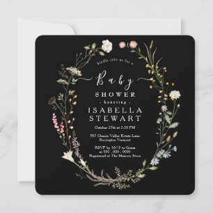 Convite Rústica Aquarela Chá de fraldas Preto de Flor Selv