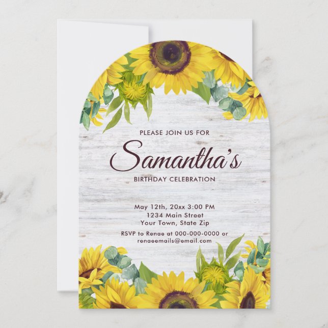 Convite Rústica Aquarela Festa de aniversário de girassol (Frente)