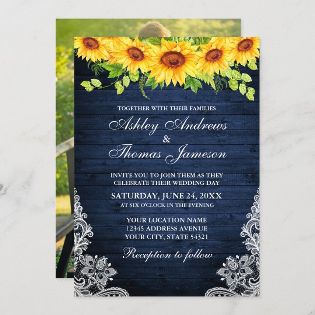 Convite Rústica Azul Madeira Floral de Girassol (Frente/Verso)