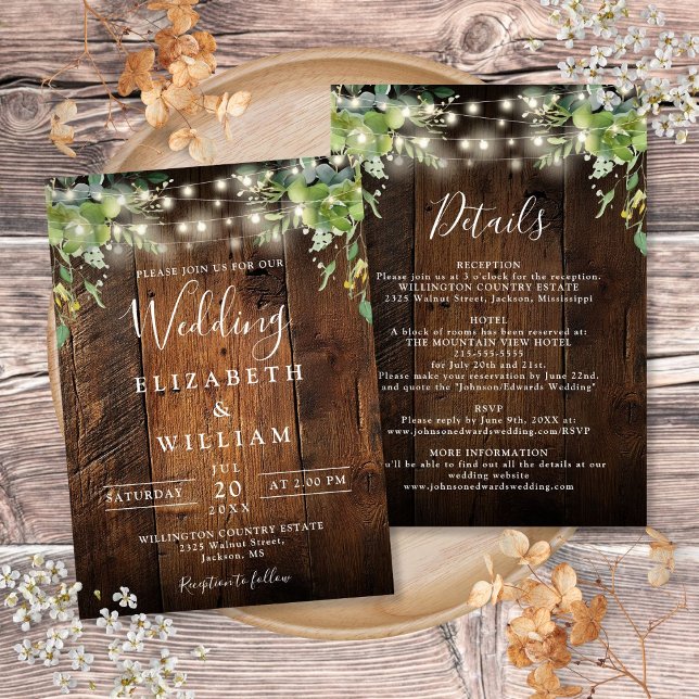 Convite Rústica Corda de Madeira Clara Granja Detalhes do  (Rustic Wood String Light Greenery Details Wedding Invitation)