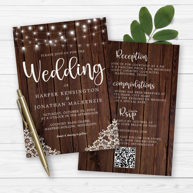 Convite Rústica Corda de Madeira Luz em Um Casamento (Rustic Wood Lace and String Lights All In One Wedding Invitation)