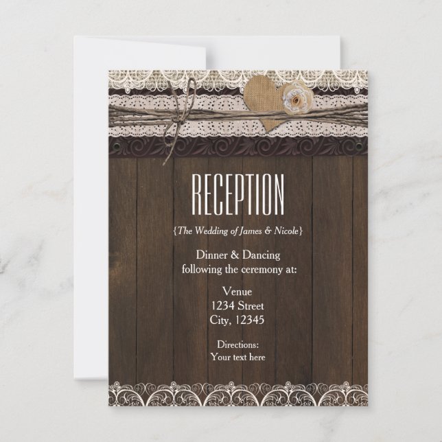 Convite Rústica Country Burlap Lace & Wood Reception Card (Frente)