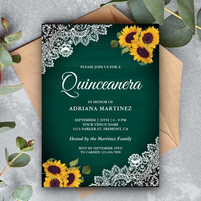 Convite Rústica Forno Verde Lace CQuinceanera Sunflower (Criador carregado)