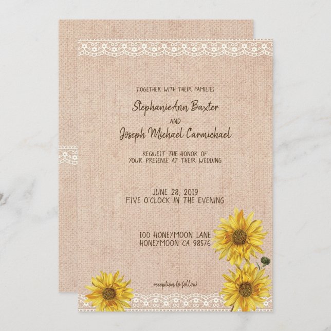 Convite Rústica Lace & Burlap Sunflower Wedcard (Frente/Verso)