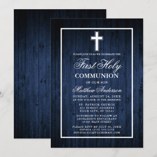 Convite Rústica Madeira Azul Primeira Comunhão Sagrada