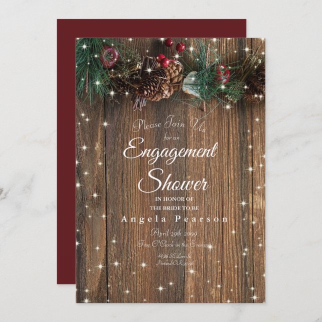 Convite Rústica Madeira Campo Natal Pine Garland Sparkle (Frente/Verso)