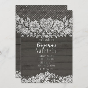 Convite Rústica Madeira e renda branca doce 16 aniversário