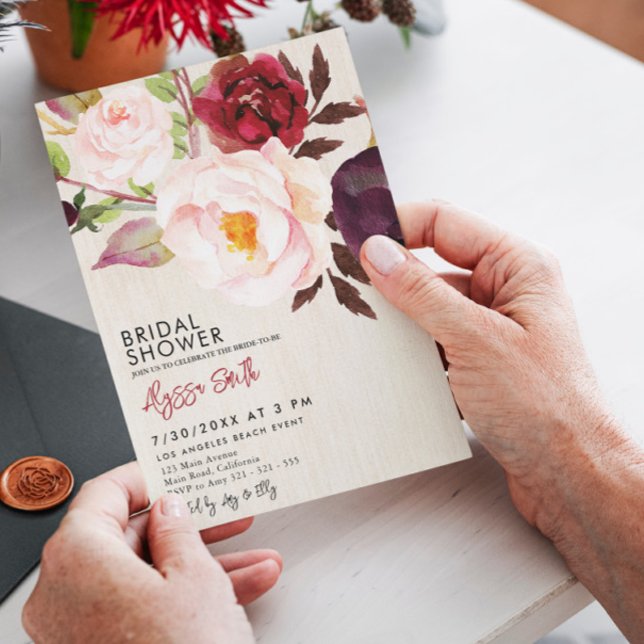 Convite Rústica Madeira Floral Marsala Burgundy Chá de pan (Criador carregado)