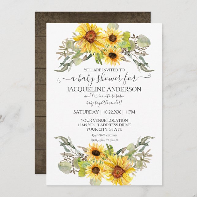 Convite Rústica Madeira Girassol Chá de fraldas (Frente/Verso)