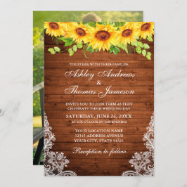 Convite Rústica Madeira Girassol Verde Floral Lace Foto