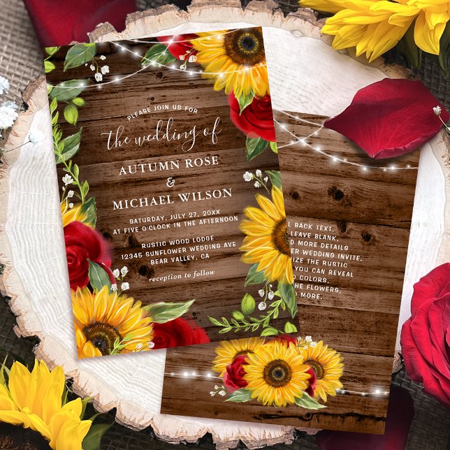 Convite Rústica Madeira Marrom Girassol e Rosa vermelha Ca (Rustic sunflower and red rose wedding invitations on an elegant brown barn wood template.)