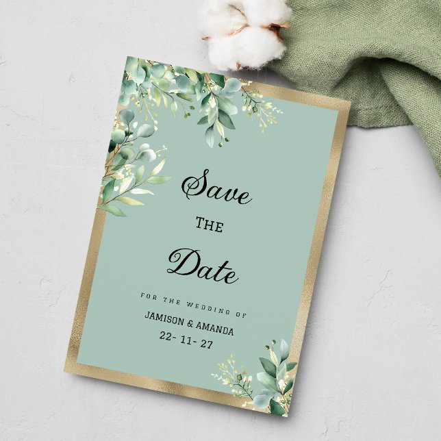 Convite Rústica ouro de menta eucalipto folhas Salvar Data (Rustic mint gold eucalyptus leaves Save The Date )