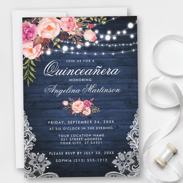 Convite Rústica Quinceanera Azul Madeira Luz Rosa Floral (Customize to add more text or photos to back of card.)