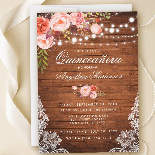 Convite Rústica Quinceanera Madeira Luzes Lace Coral Flora (Customize to add more text or photos to back of card.)