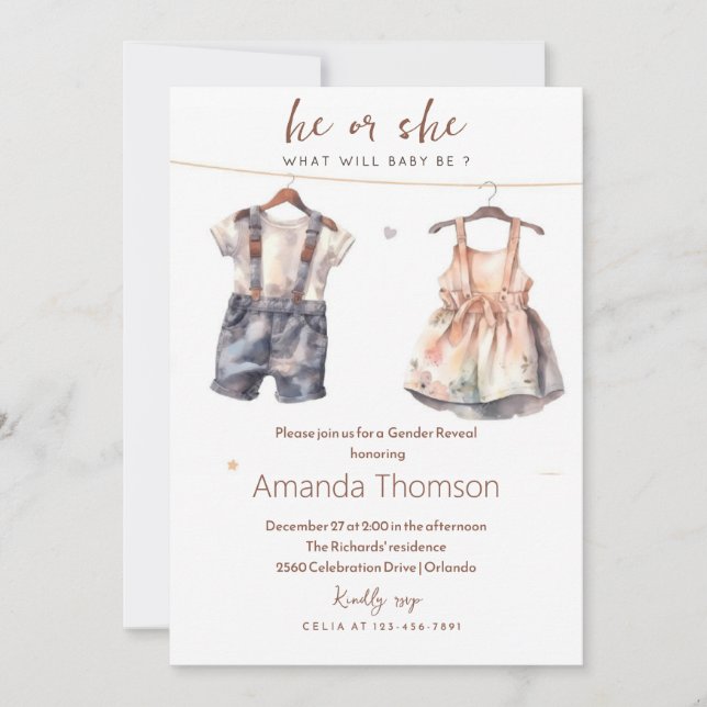 Convite Rústica Roupas de Bebê Revelação de Gênero (Frente)