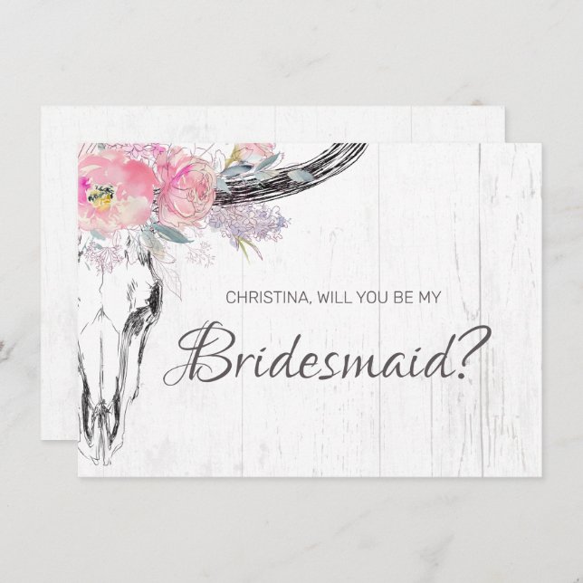 Convite Rústica Vaca Crânio Boho Blush Blush Floral Brides (Frente/Verso)