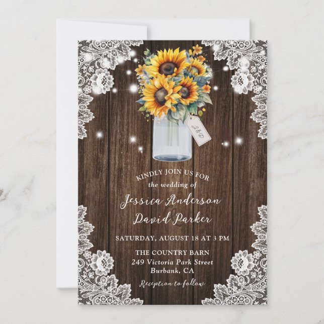 Convite Rústica Wood Sunflower Mason Jar Wedding (Frente)