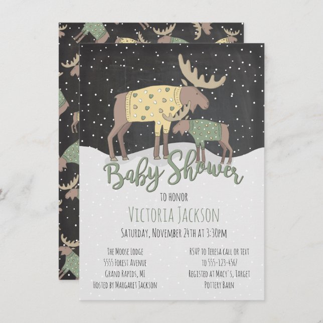 Convite Rústica Woodland Moose e Chá de fraldas (Frente/Verso)