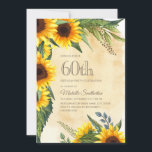 Convite Rústico Amarelo Girassóis 60º Aniversário<br><div class="desc">Girassóis amarelos e castanhos russos com lindas folhas verdes 60º convite de aniversário para mulheres. Entre em contato conosco para obter ajuda com a personalização ou para solicitar produtos correspondentes</div>