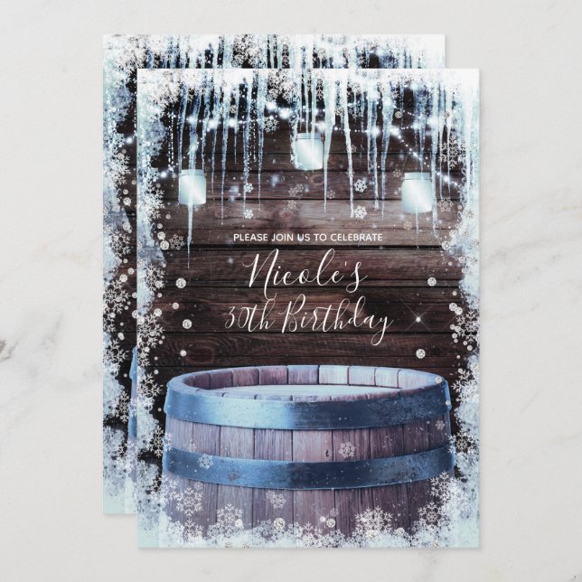 Convite Rústico barril de madeira e luzes Festa de anivers (Frente/Verso)