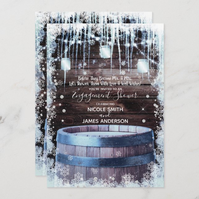 Convite Rústico barril de madeira e luzes Noivado de inver (Frente/Verso)