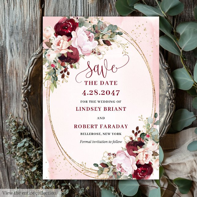 Convite Rústico Boho Merlot Bege Flores Salve Data (Rustic Boho Merlot Blush Gold Flowers Save Date)