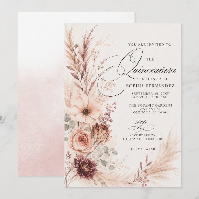 Convite Rústico Boho Terracota Pampas Quinceanera  (Frente/Verso)