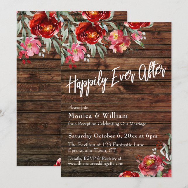 Convite Rústico Boho Vermelho Borgonha Floral Feliz Para S (Frente/Verso)