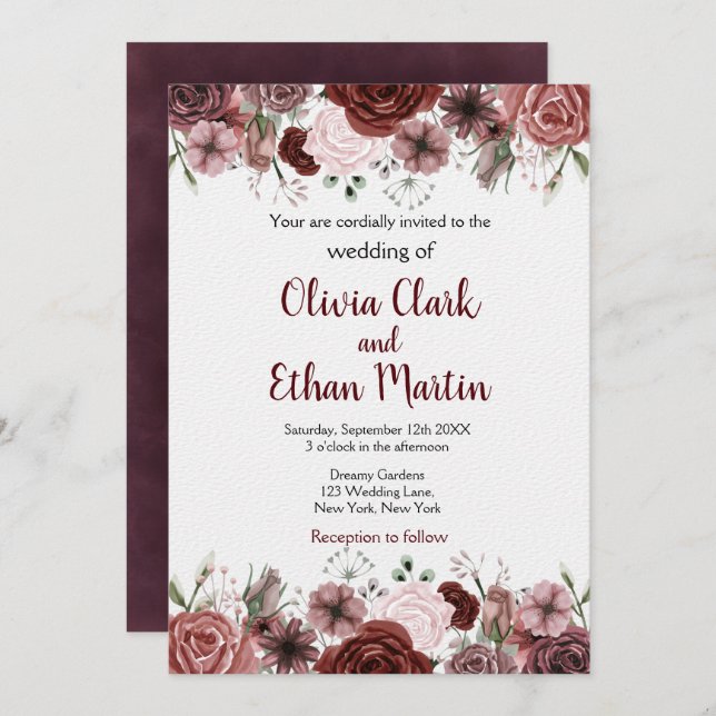 Convite Rústico Borgonha Aquarela Floral (Frente/Verso)