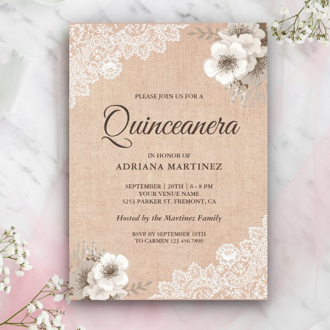 Convite Rústico Burlap Lace Ivory Floral Quinceanera (Criador carregado)