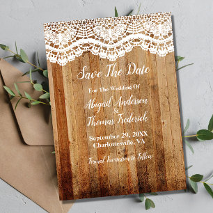 Convite Rústico Campo Madeira Branco Renda Save The Date