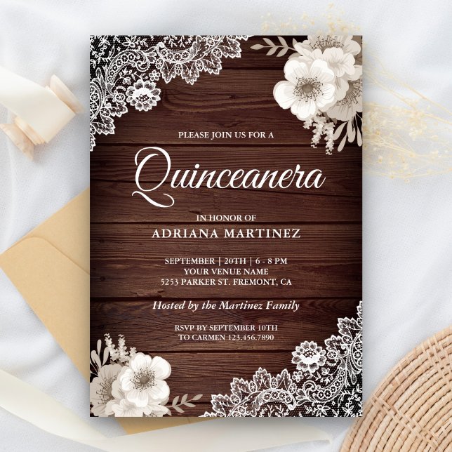 Convite Rustico Campo Madeira Renda Marfim Floral Quincean (Criador carregado)