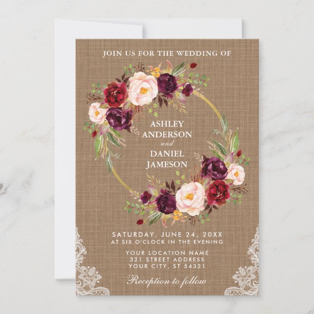 Convite Rústico Casamento Burlap Floral Wreath Lace Invite (Frente)