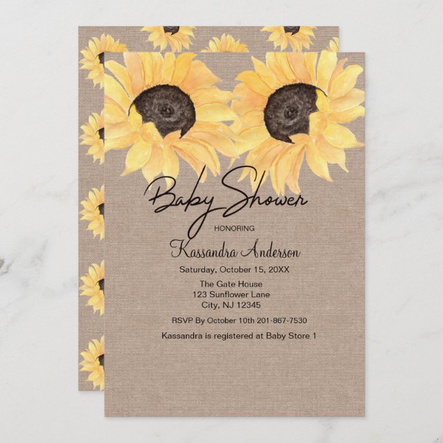 Convite Rústico Chá de fraldas Neutro de Girassol (Frente/Verso)