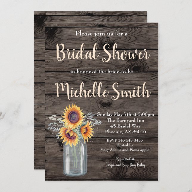 Convite Rústico Chá de panela de Madeira Floral de Girasso (Frente/Verso)