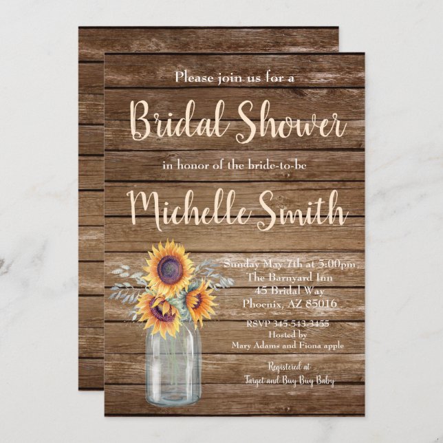 Convite Rústico Chá de panela de Madeira Floral de Girasso (Frente/Verso)