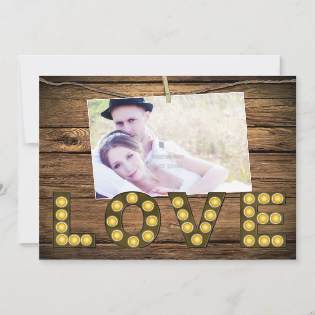 Convite Rústico com Letras Iluminadas de AMOR Foto (Frente)