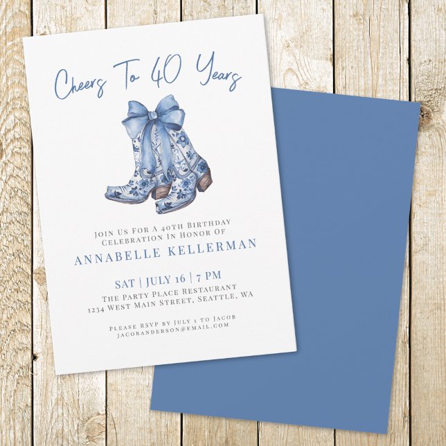 Convite Rústico Country 40 Anos de Idade (Country Blue Bow Cowboy Birthday Invitation )