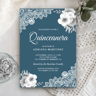 Convite Rustico Country Azul Floral Renda Quinceanera