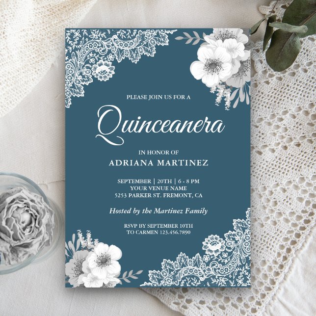 Convite Rustico Country Azul Floral Renda Quinceanera (Criador carregado)